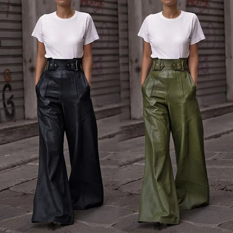 Casual Loose Leather Pants Women High Waist Wide Legs Solid Pocket Flare Pant Female 2025