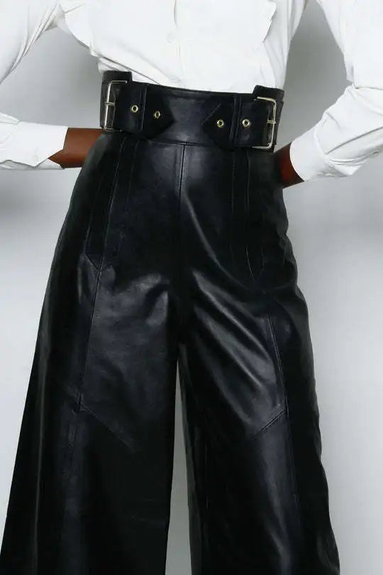 Casual Loose Leather Pants Women High Waist Wide Legs Solid Pocket Flare Pant Female 2025