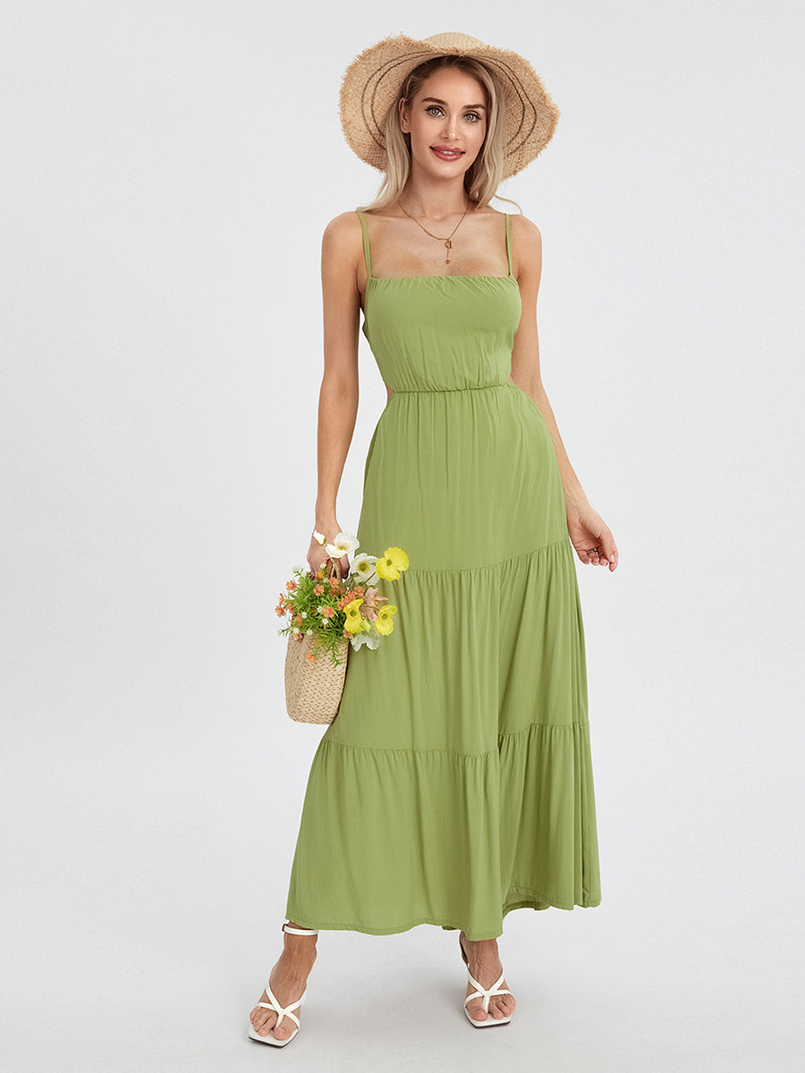 Elegant Sleeveless Maxi Dress with V-Neckline and Ruched Waist Detail for Women