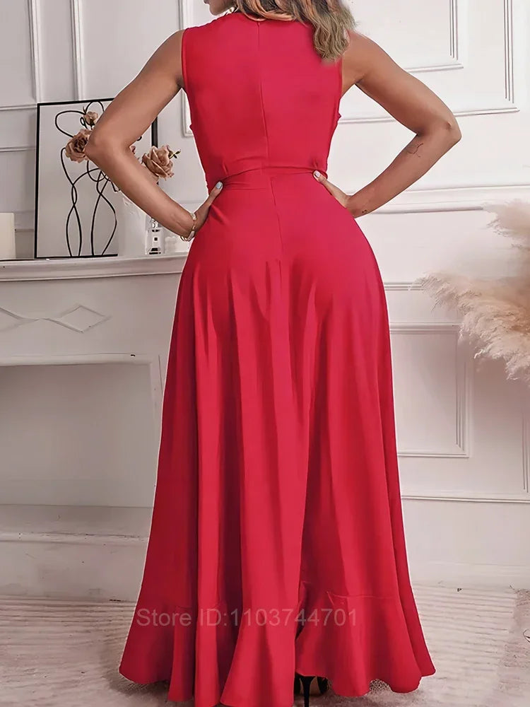 Women Summer Deep V Neck Sleeveless A-Line Long Dress Solid Red Cocktail Dresses