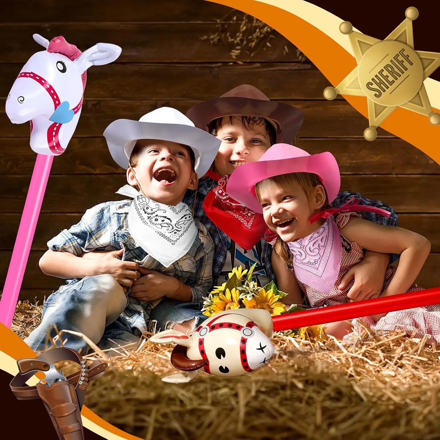 Xtinmee 36 Pcs Cowboy Party, Farm Cowboy Party Hats Paisley Bandanas Inflatable Stick Horses