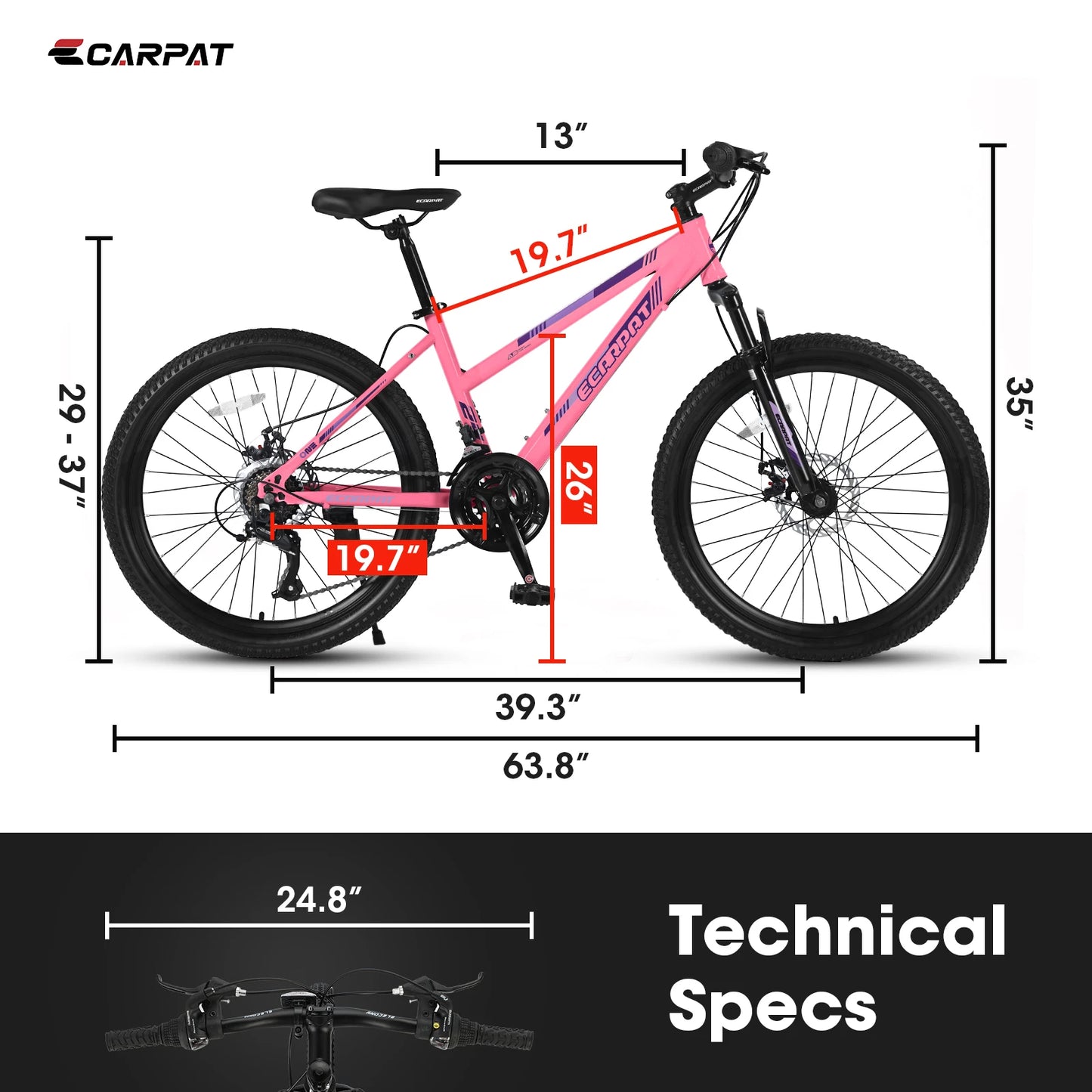 Mountain Bike 24 26 Inch Wheels, 21-Speed Disc Brake, Female Bicycles, 15" Steel Frame Front Fork Suspension
