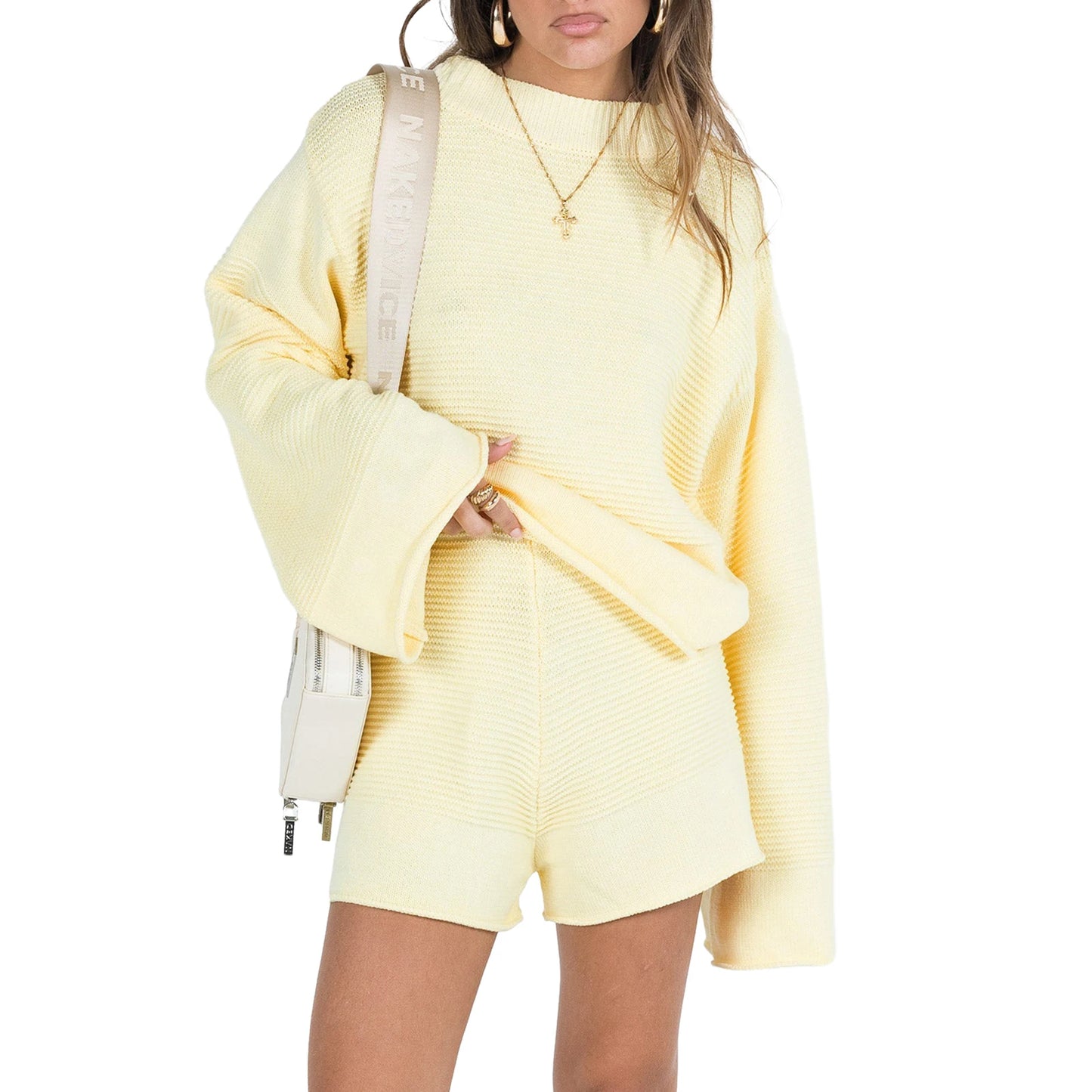 Women s Summer Knit Outfits Solid Color Long Sleeve Round Neck Tops High Waist Shorts