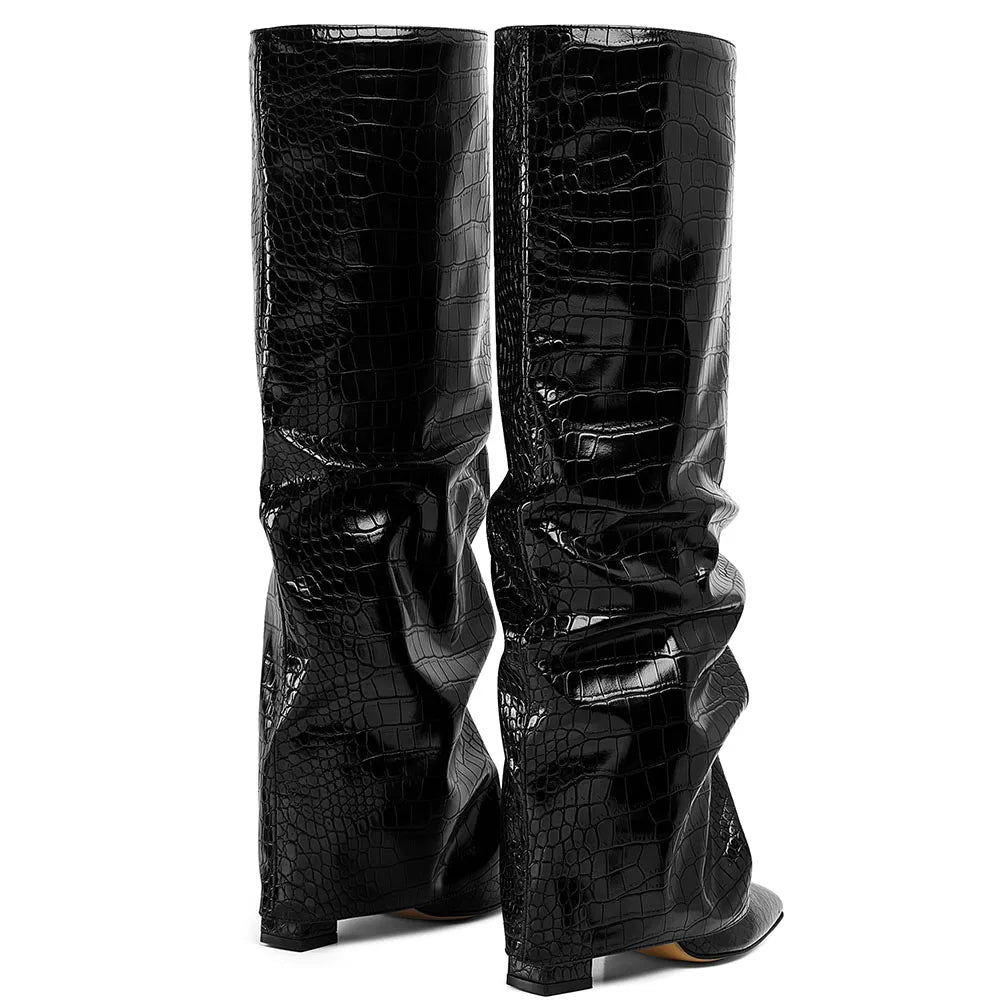 Knee High Fashion Women Fold Over Boots Pleated Block High Heel Pointed Toe Shoes