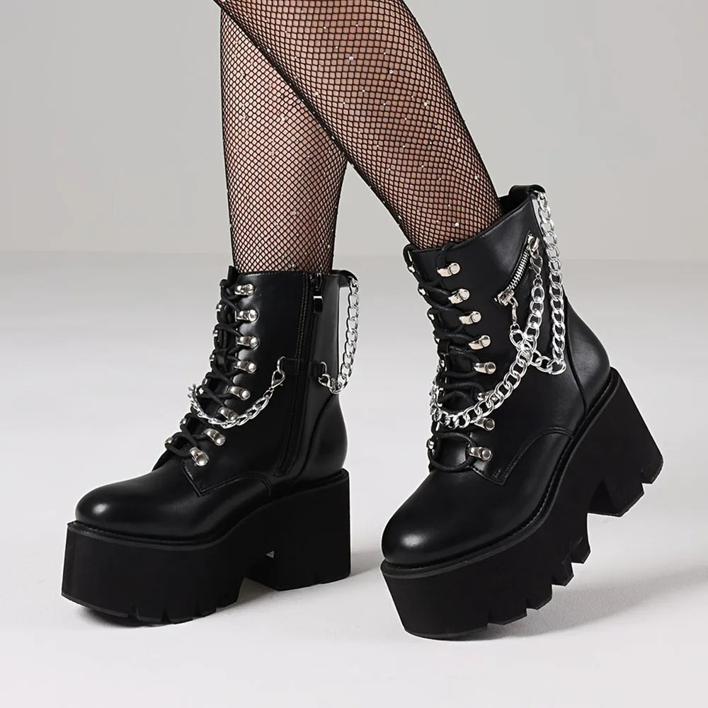 New Women's Gothic Ankle Boots Platform Chunky Heel Chain Punk Fight Biker Boots
