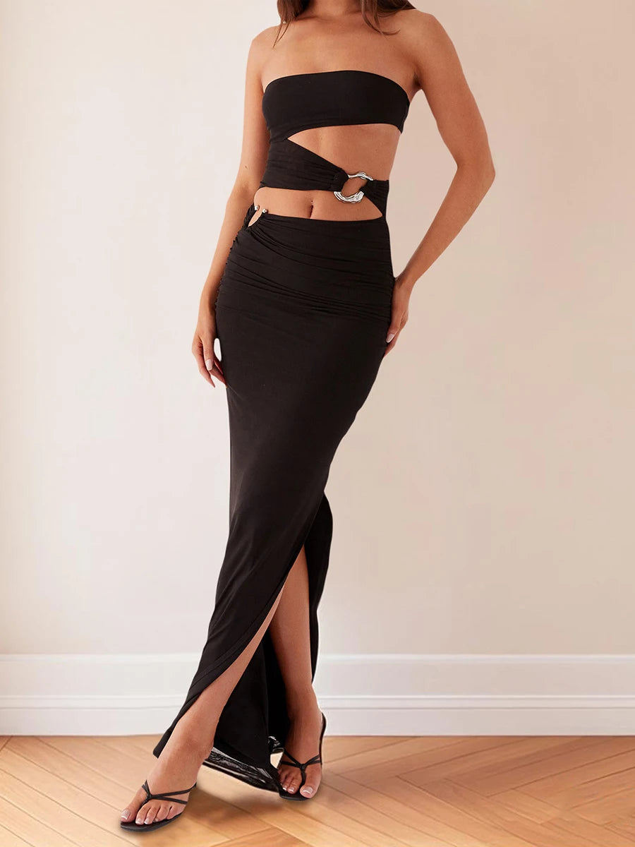 Elegant Off-Shoulder Maxi Dress with Chic Cut-Out Details and Vibrant Print Patterns