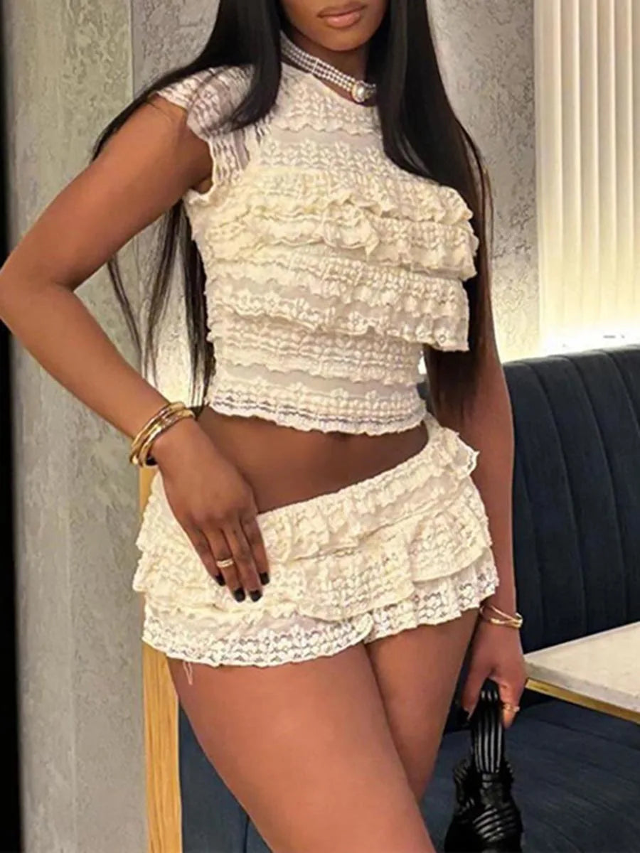 Women s Lace Crop Top and High Waisted Shorts Set with Short Sleeves and O Neckline Tiered Lace
