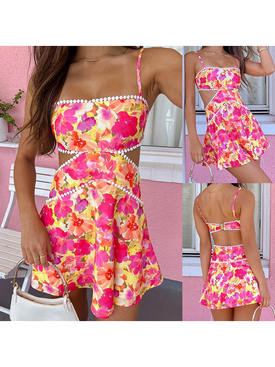 Women s Boho Floral Print Sleeveless Mini Dress with Open Back and Spaghetti Straps