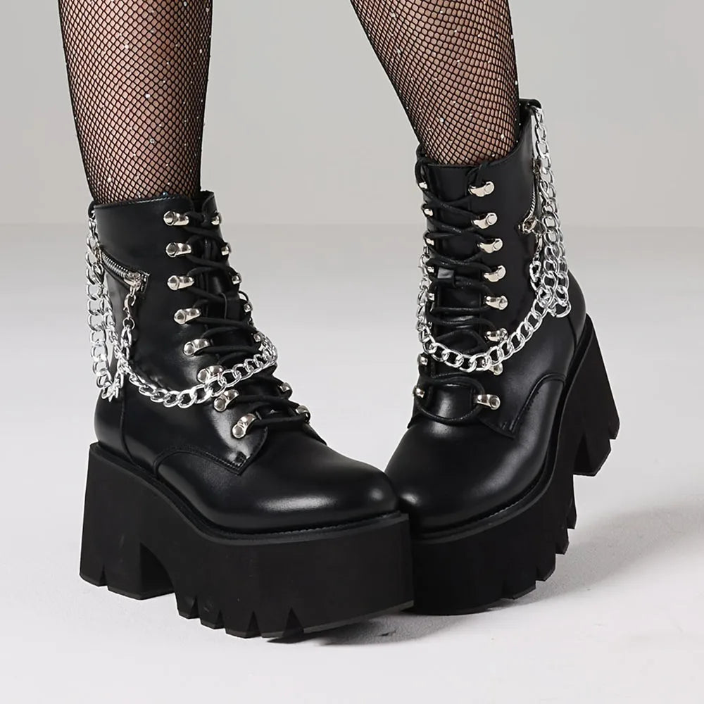 New Women's Gothic Ankle Boots Platform Chunky Heel Chain Punk Fight Biker Boots