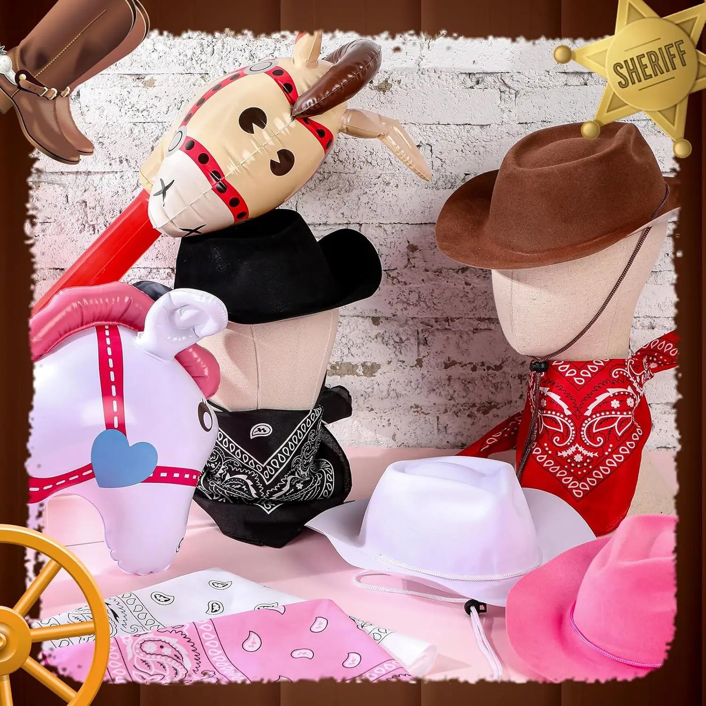 Xtinmee 36 Pcs Cowboy Party, Farm Cowboy Party Hats Paisley Bandanas Inflatable Stick Horses