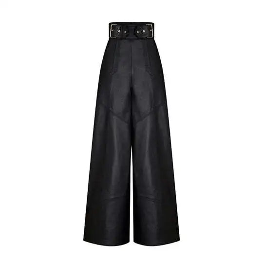 Casual Loose Leather Pants Women High Waist Wide Legs Solid Pocket Flare Pant Female 2025
