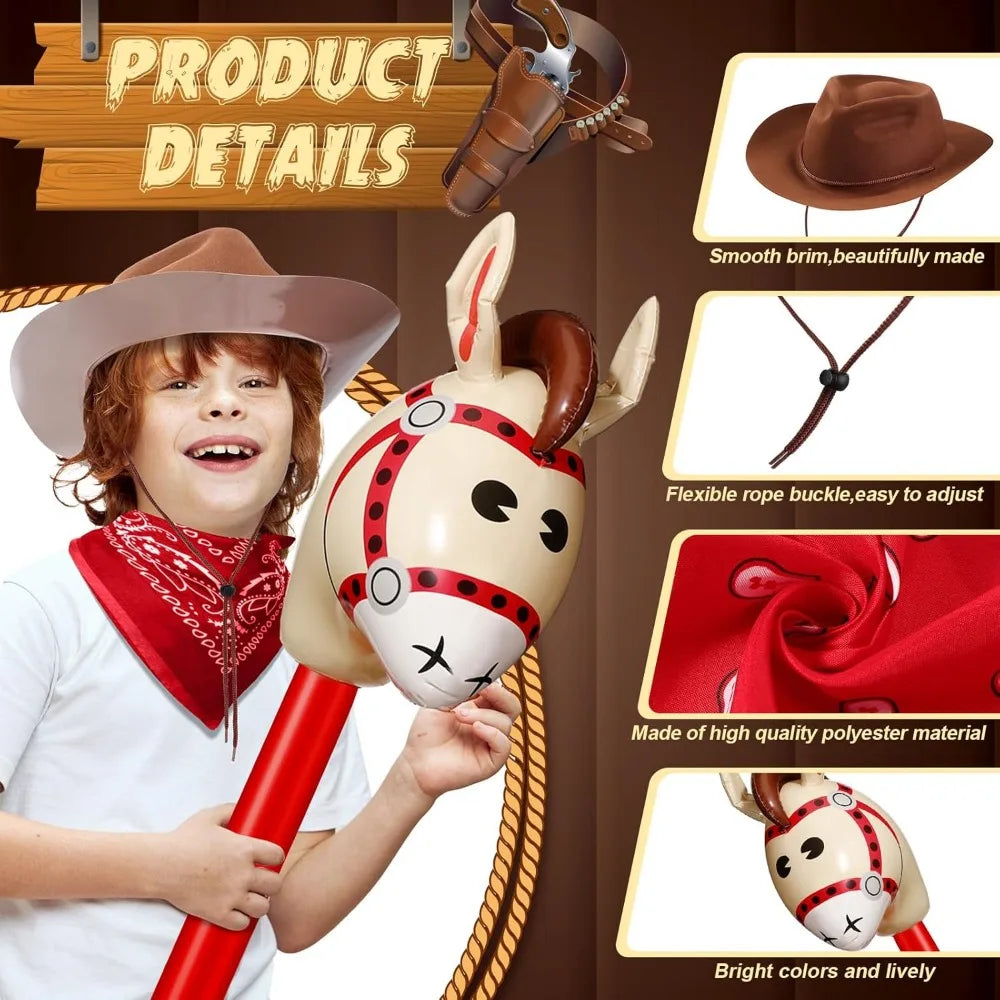 Xtinmee 36 Pcs Cowboy Party, Farm Cowboy Party Hats Paisley Bandanas Inflatable Stick Horses