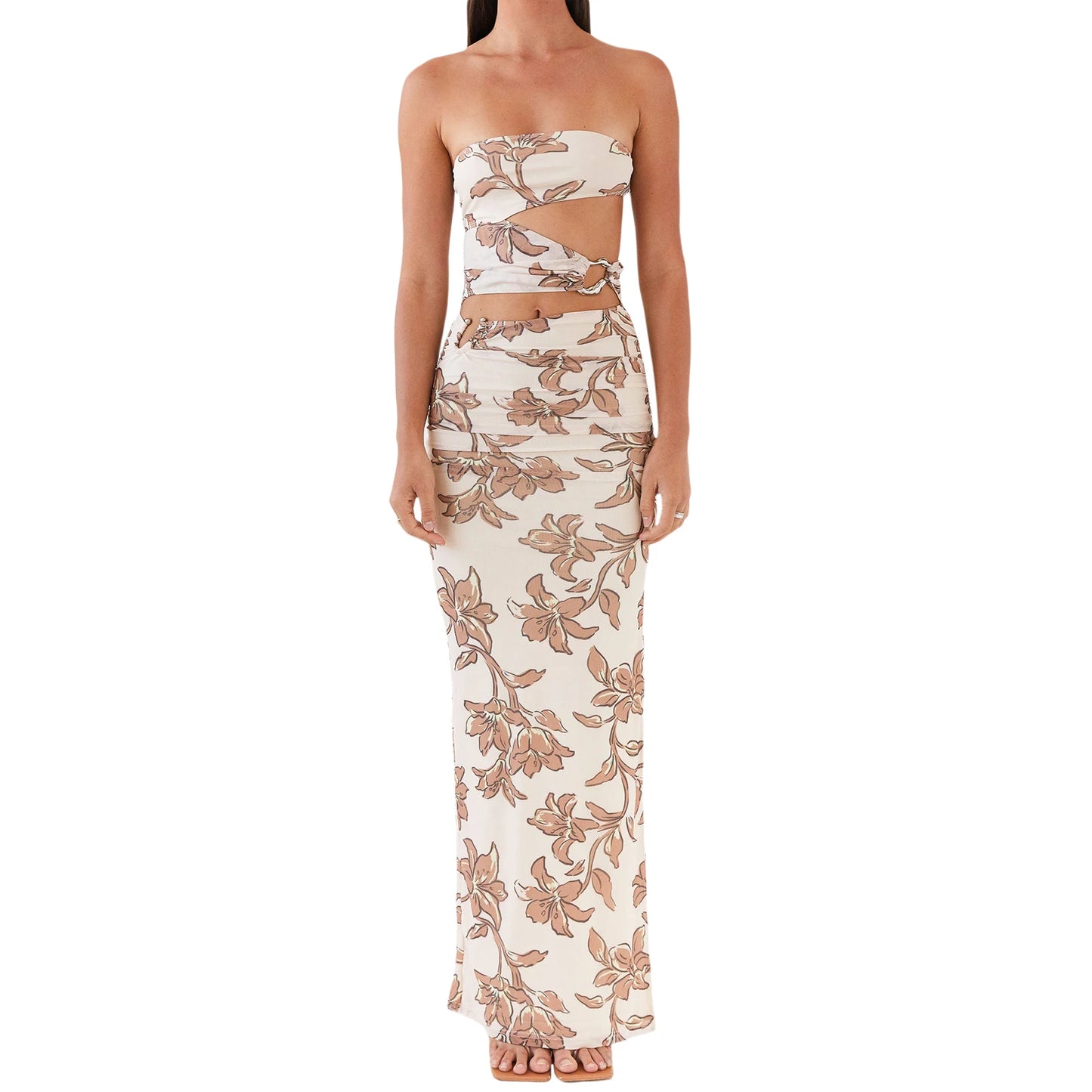 Elegant Off-Shoulder Maxi Dress with Chic Cut-Out Details and Vibrant Print Patterns