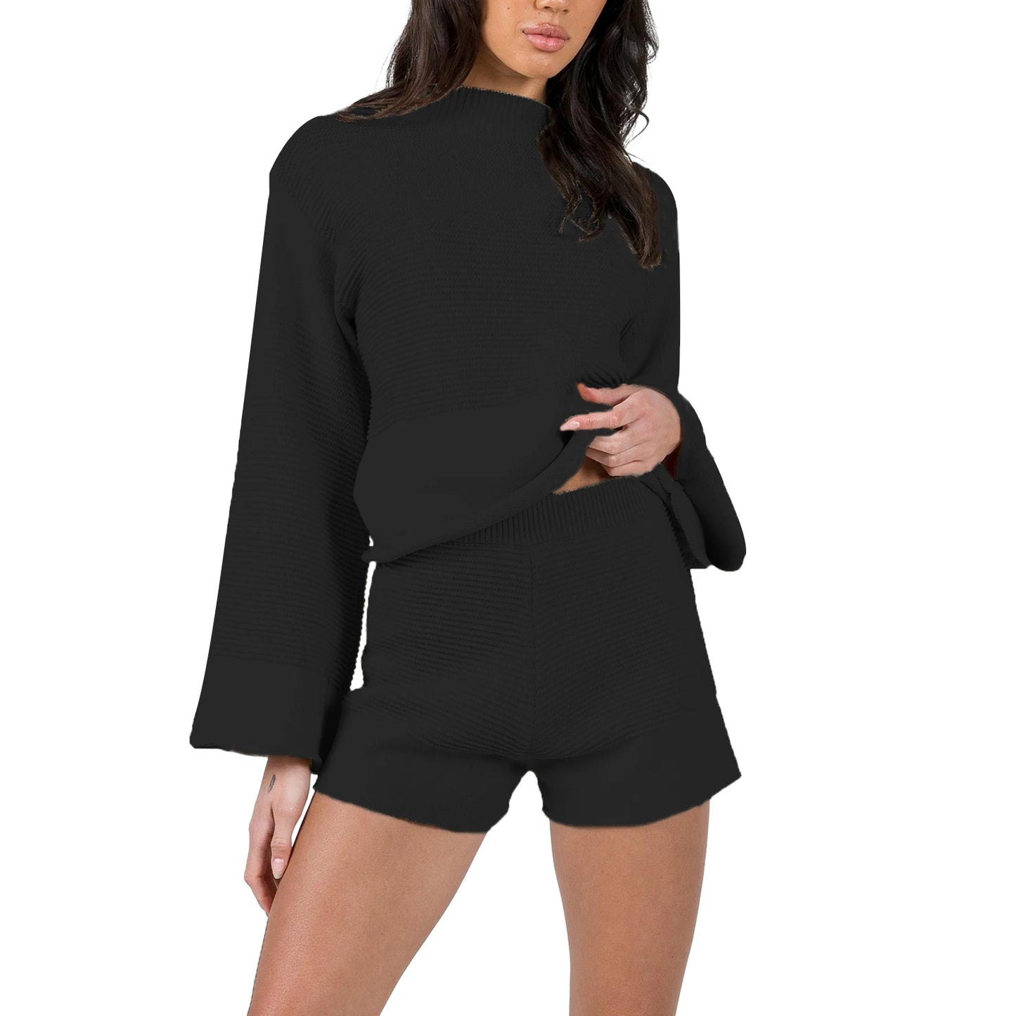 Women s Summer Knit Outfits Solid Color Long Sleeve Round Neck Tops High Waist Shorts