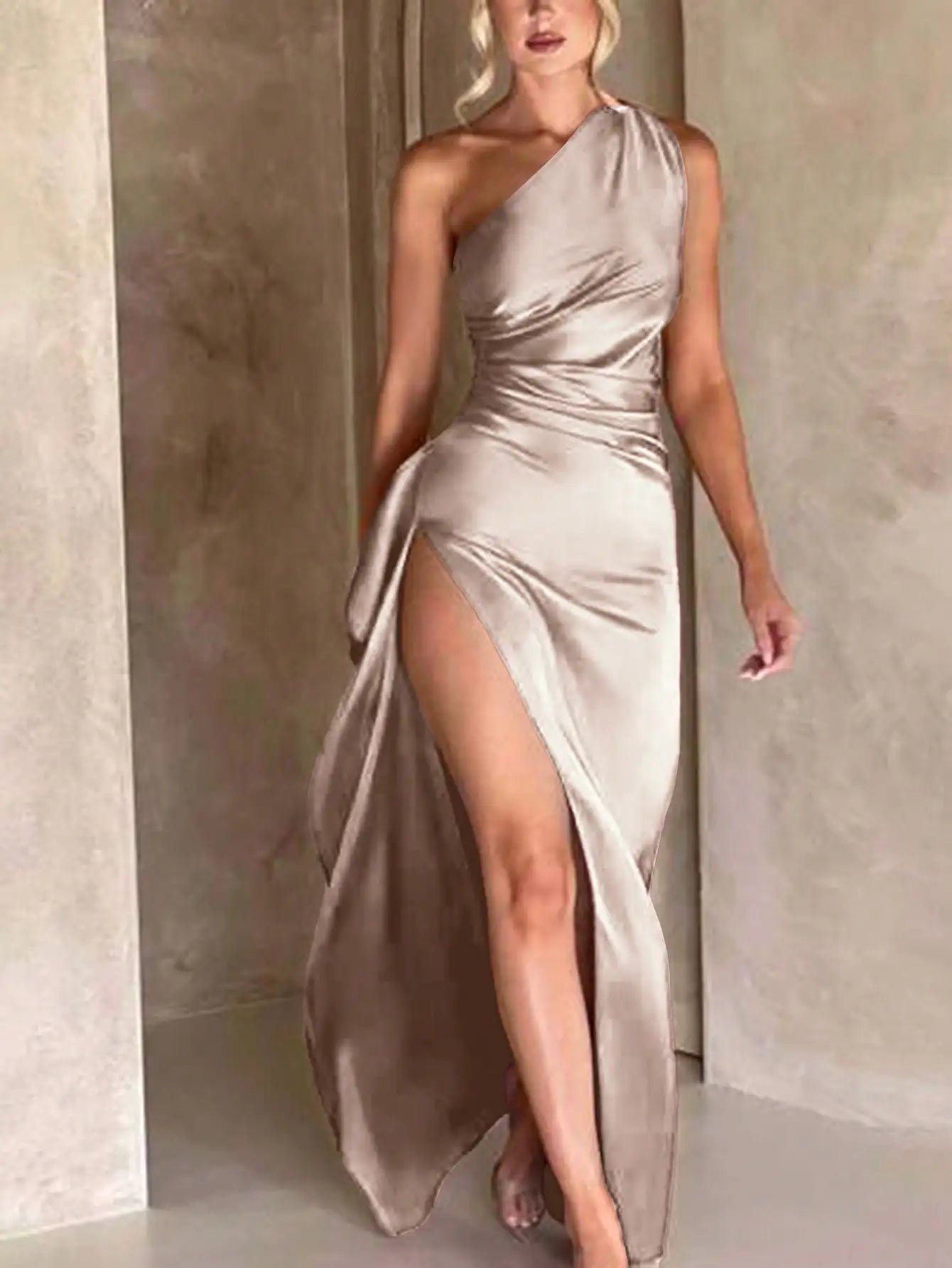 Women's Sexy One Shoulder Pleated Dress High Slit Maxi Cocktail Gown Party Evening Formal Wear