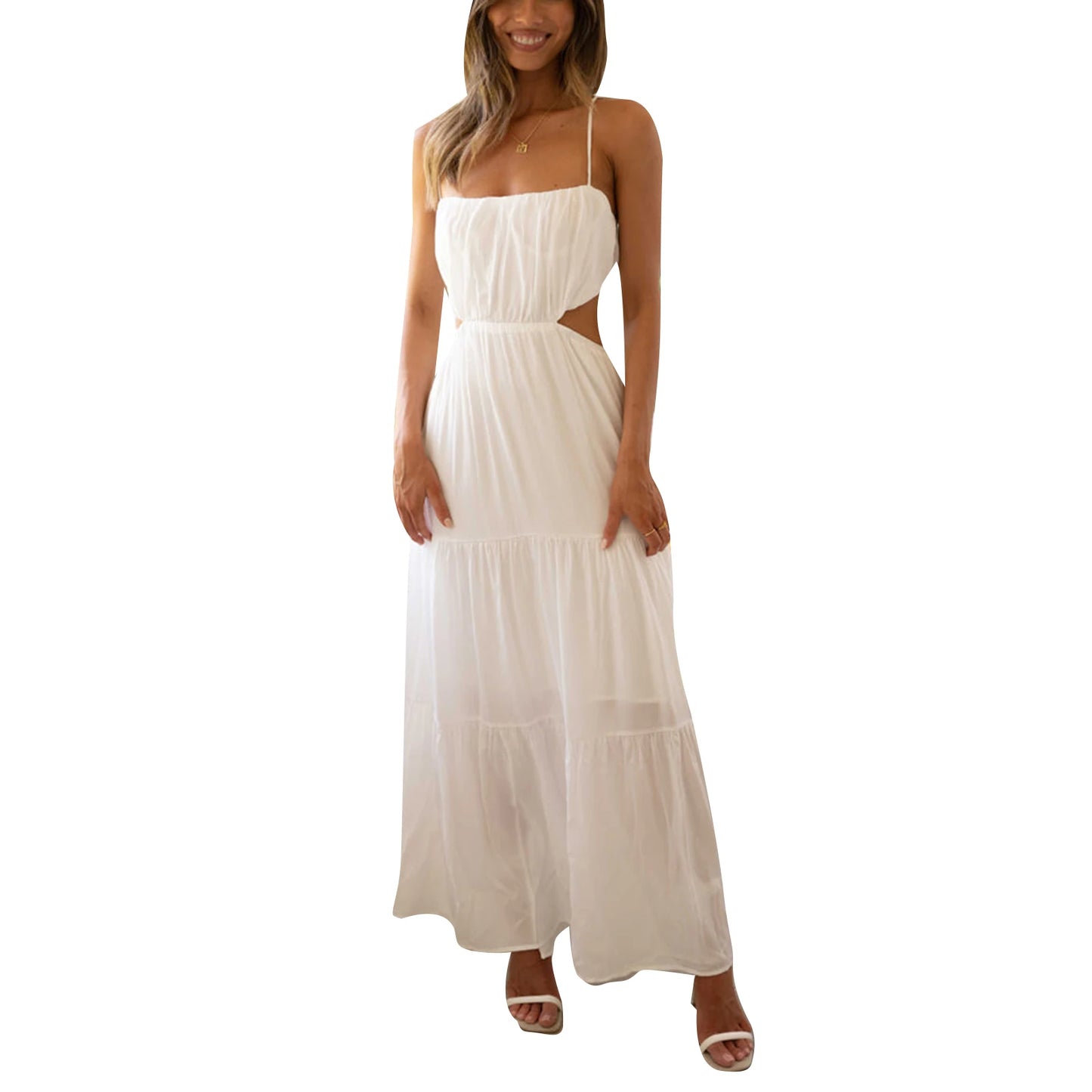Elegant Sleeveless Maxi Dress with V-Neckline and Ruched Waist Detail for Women