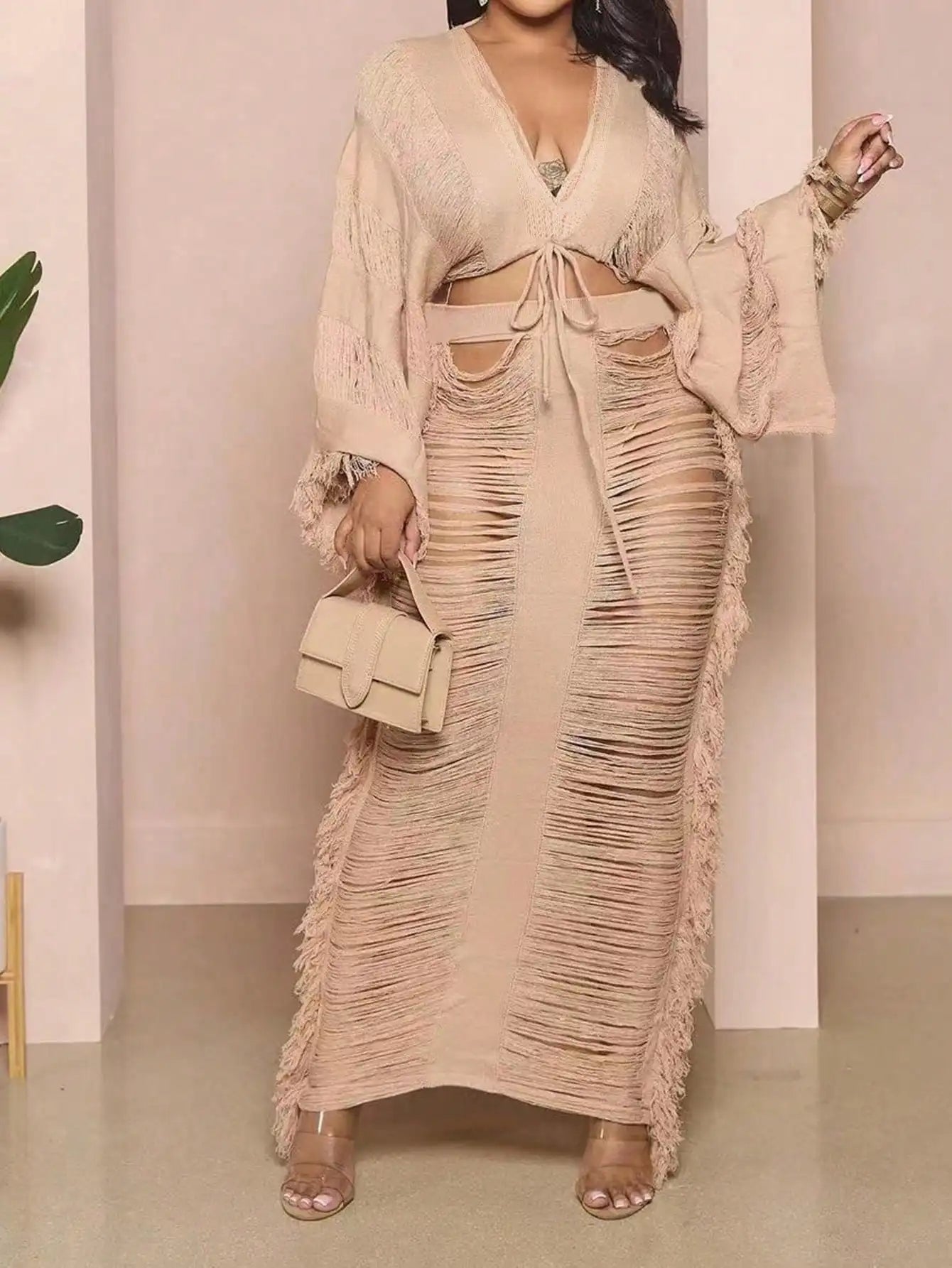 2-piece Long-sleeved Top & Fringed Cutout Floor-length Dress Millennium Bohemian Suit Dress