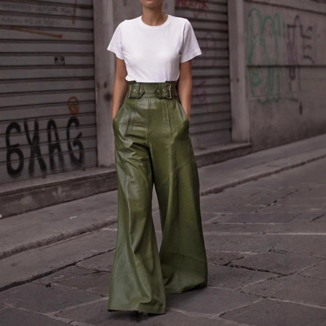 Casual Loose Leather Pants Women High Waist Wide Legs Solid Pocket Flare Pant Female 2025