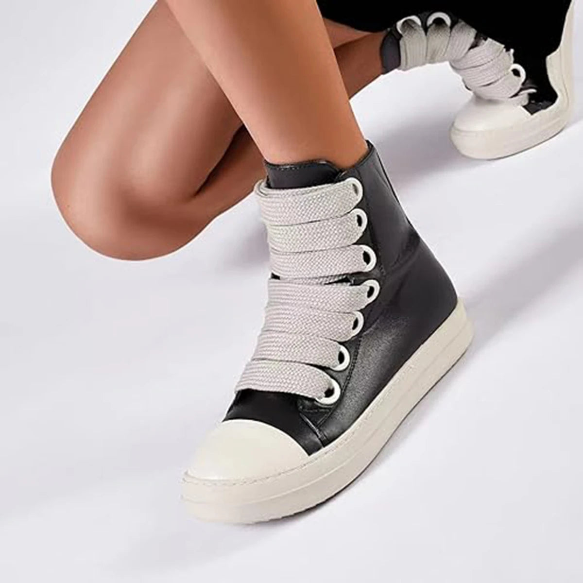 Women Sneaker Quality Jumbo Lace Designer Black Leather Zip Flat Thick-sole Ankle Boot