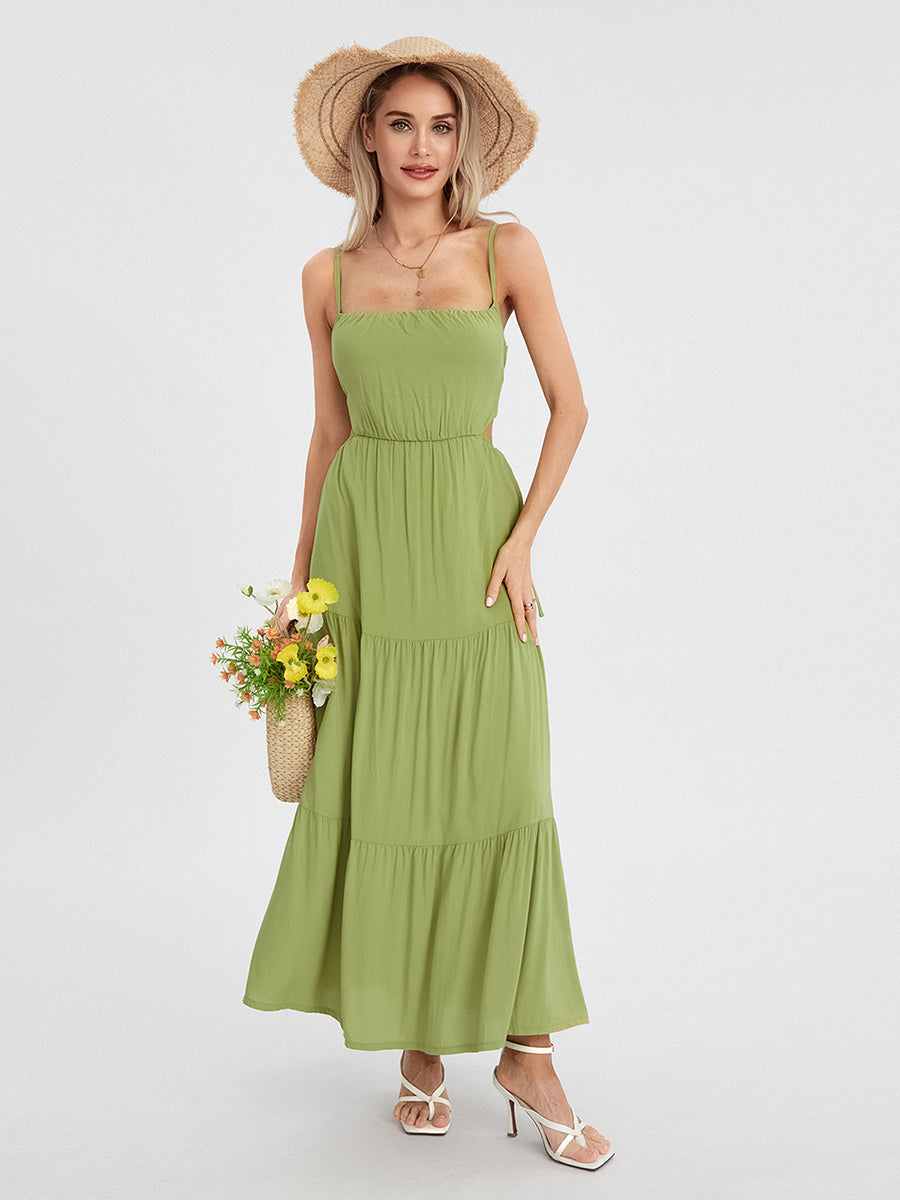 Elegant Sleeveless Maxi Dress with V-Neckline and Ruched Waist Detail for Women