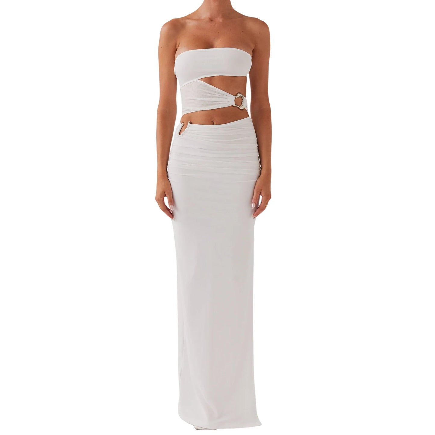 Elegant Off-Shoulder Maxi Dress with Chic Cut-Out Details and Vibrant Print Patterns