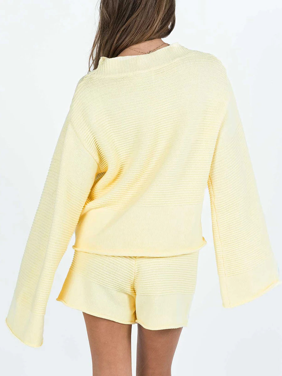 Women s Summer Knit Outfits Solid Color Long Sleeve Round Neck Tops High Waist Shorts