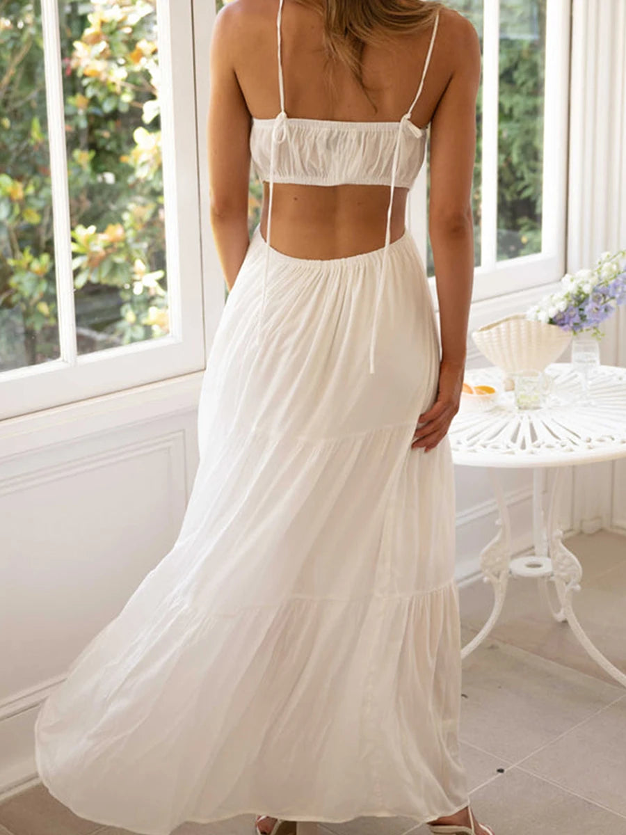 Elegant Sleeveless Maxi Dress with V-Neckline and Ruched Waist Detail for Women