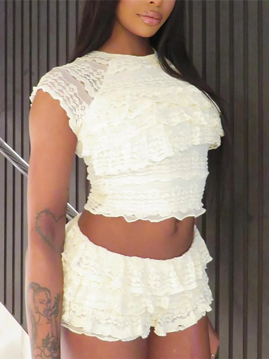Women s Lace Crop Top and High Waisted Shorts Set with Short Sleeves and O Neckline Tiered Lace