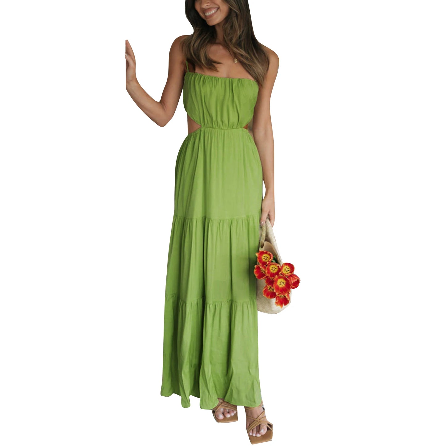 Elegant Sleeveless Maxi Dress with V-Neckline and Ruched Waist Detail for Women