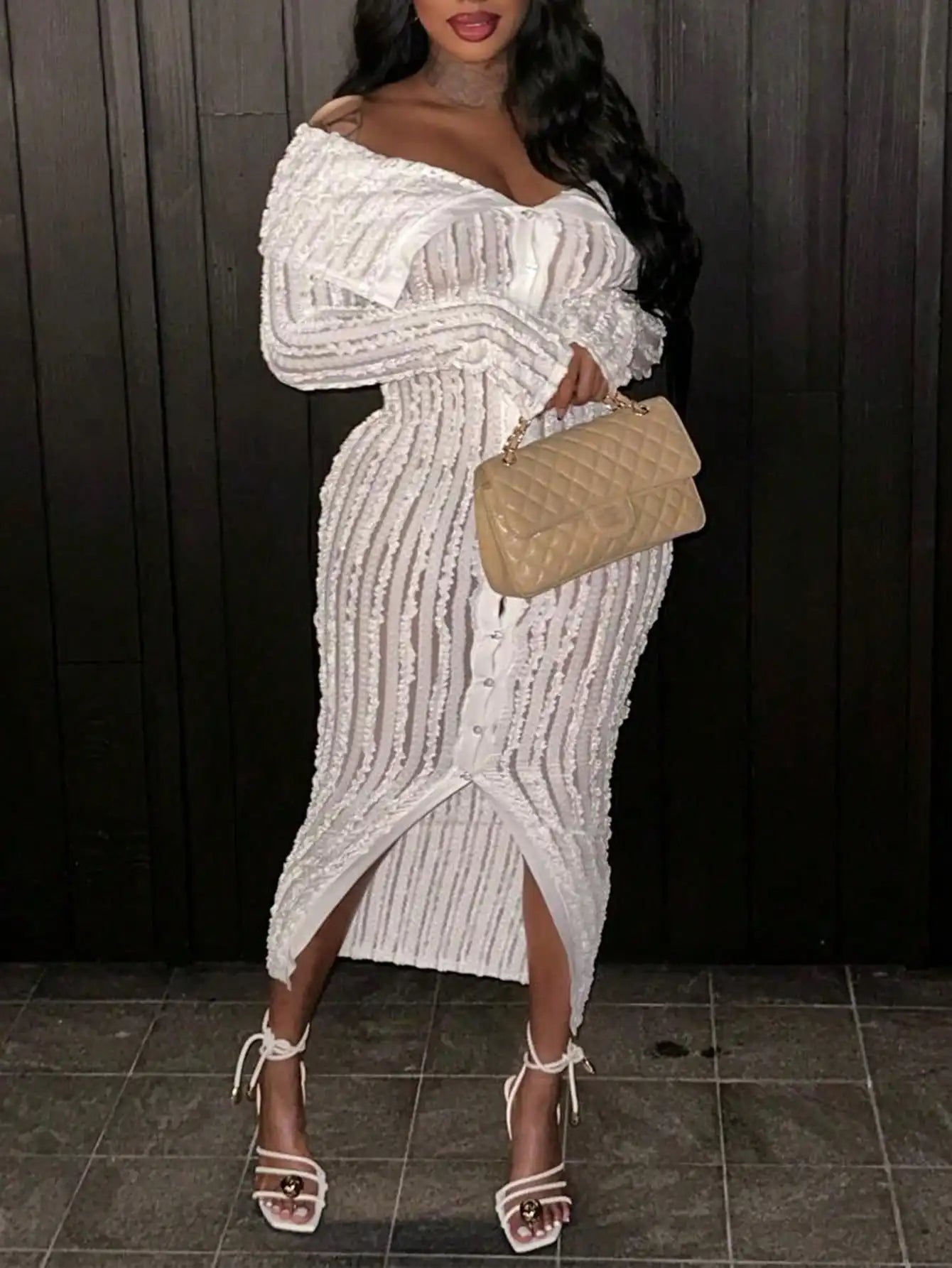 Women Elegant Off Shoulder Dress Long Sleeve Button Down High Split Bodycon Dress