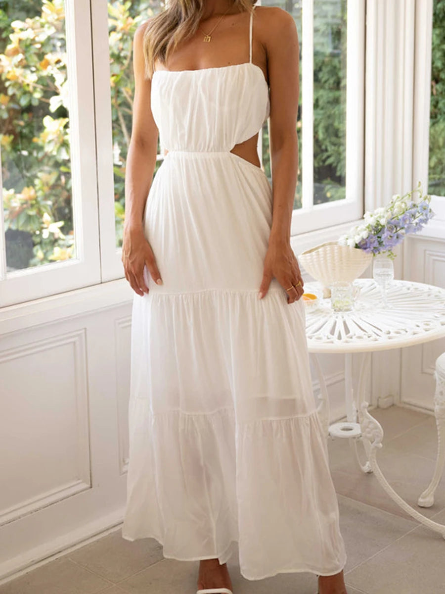 Elegant Sleeveless Maxi Dress with V-Neckline and Ruched Waist Detail for Women