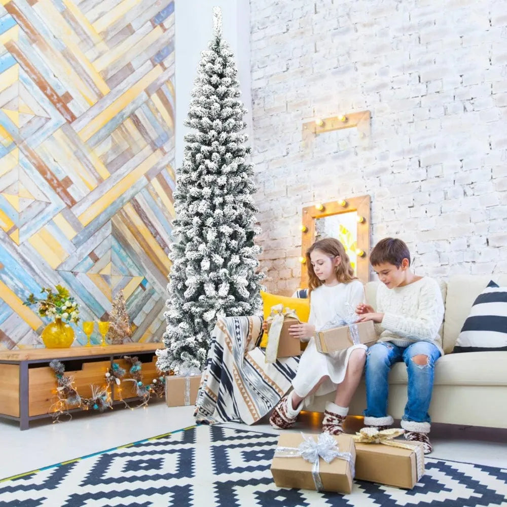 Snow Flocked Pencil Christmas Tree Artificial Xmas Tree for Indoor Outdoor