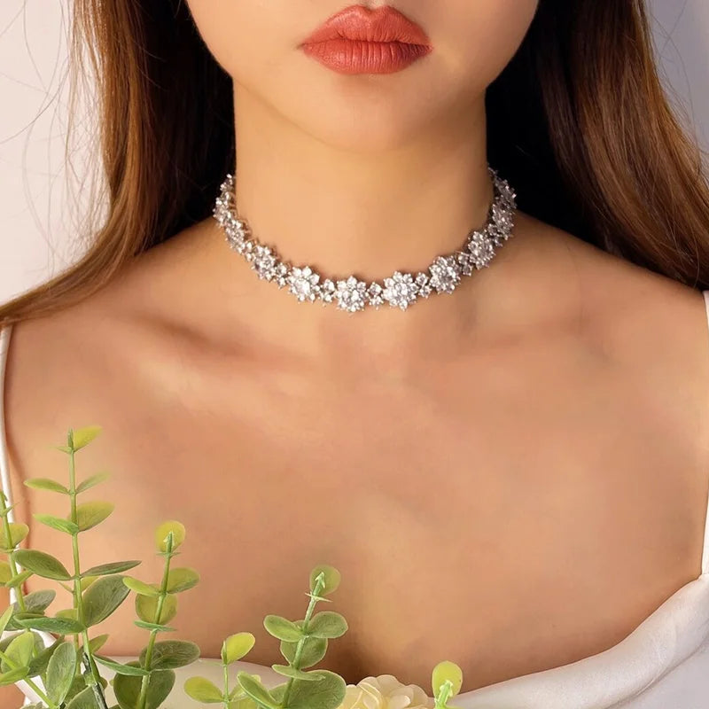 Tennis Chain Flower Choker Rhinestone Necklace Bridal Wedding Jewelry