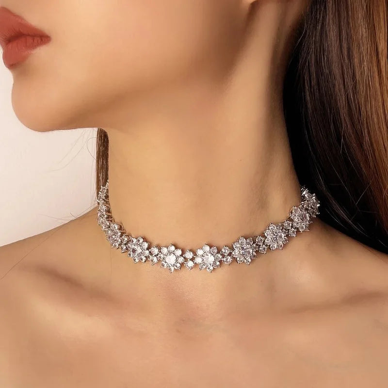 Tennis Chain Flower Choker Rhinestone Necklace Bridal Wedding Jewelry