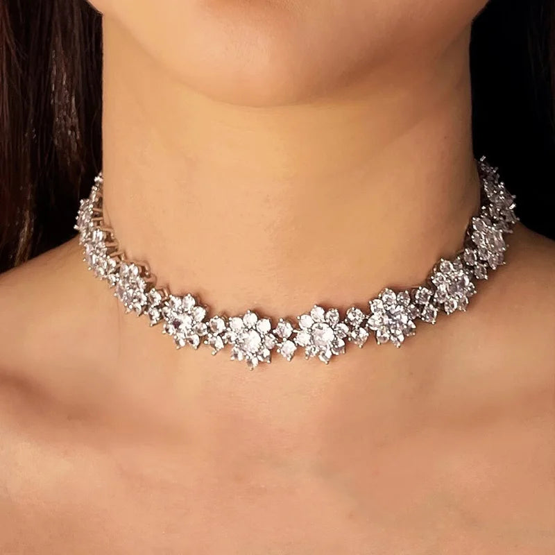 Tennis Chain Flower Choker Rhinestone Necklace Bridal Wedding Jewelry