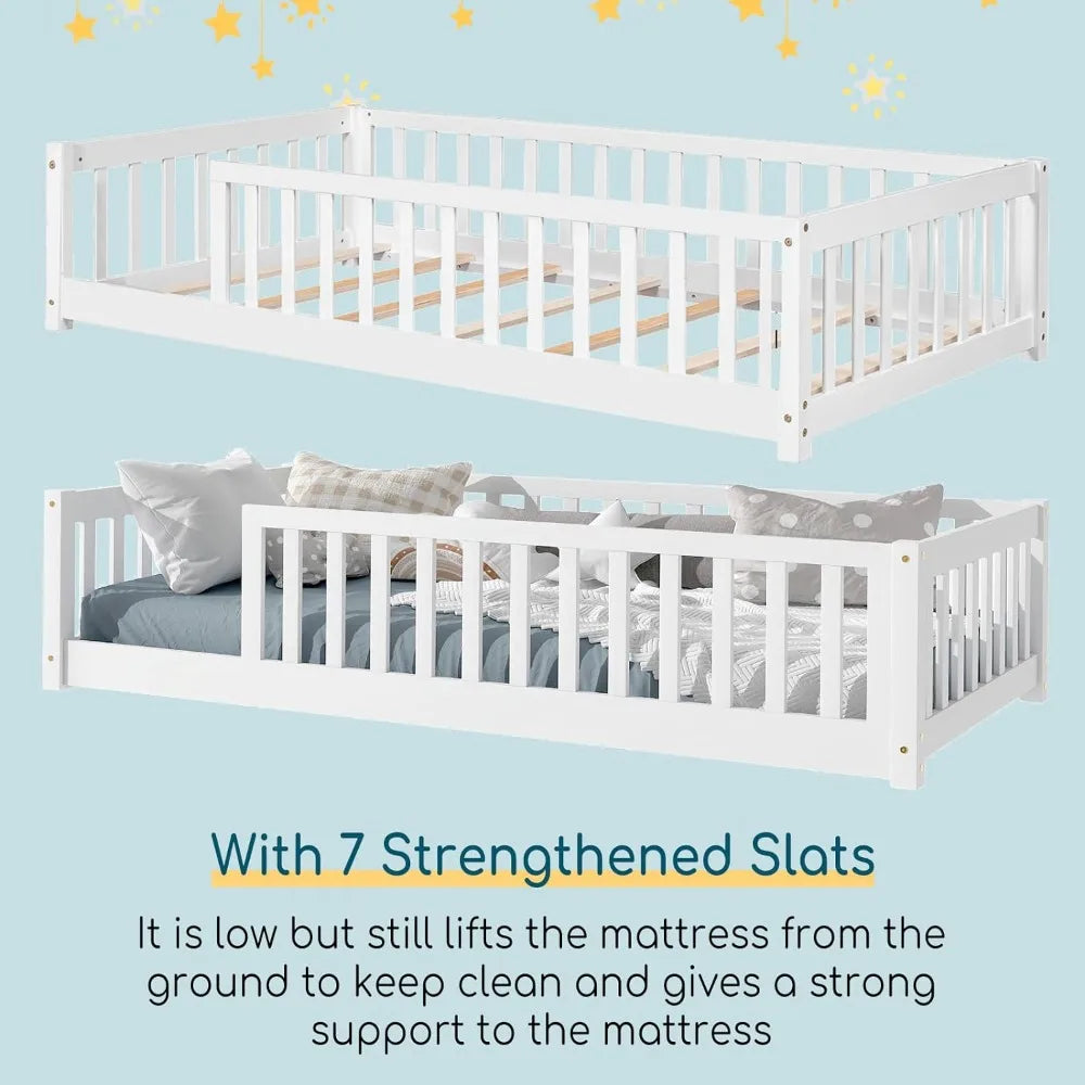 Twin Size Floor Bed for Kids with Safety Guardrails and Door and Slats, Montessori Bed