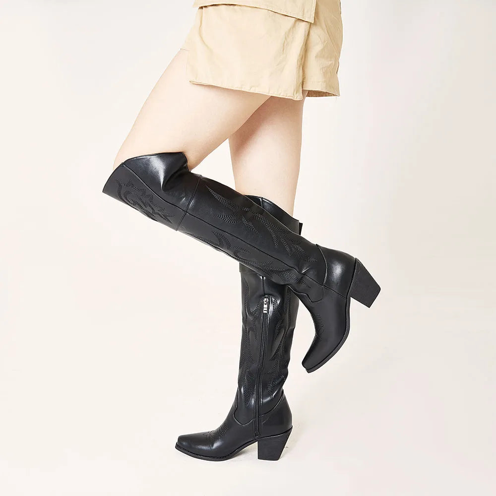 Embroidered Women Over Knee Western Boots Pointed Toe Side Zipper Chunky High Heel Shoes