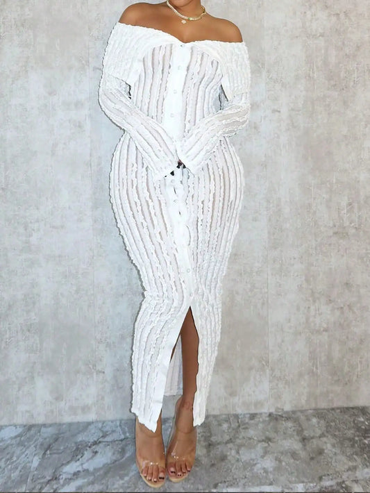 Women Elegant Off Shoulder Dress Long Sleeve Button Down High Split Bodycon Dress