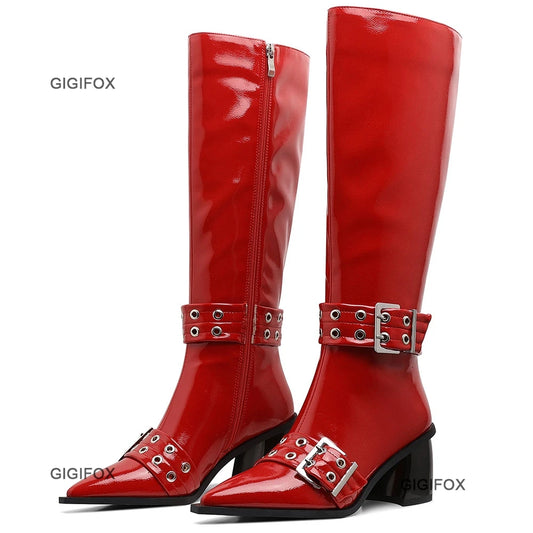 Pointed Toe Women Zipper Knee-high Boots Chunky High Heel Patent Leather Metal Buckle