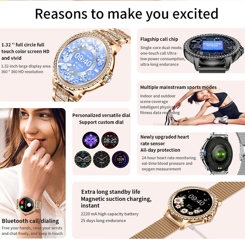 Women Smart Watch True Blood Oxygen 1.32Inch 360*360 HD Diamond Bracelet Bluetooth