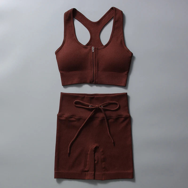 Seamless Yoga Set for Women Zipper Tank Top and Shorts Sport Suit Drawstring Althetic Set