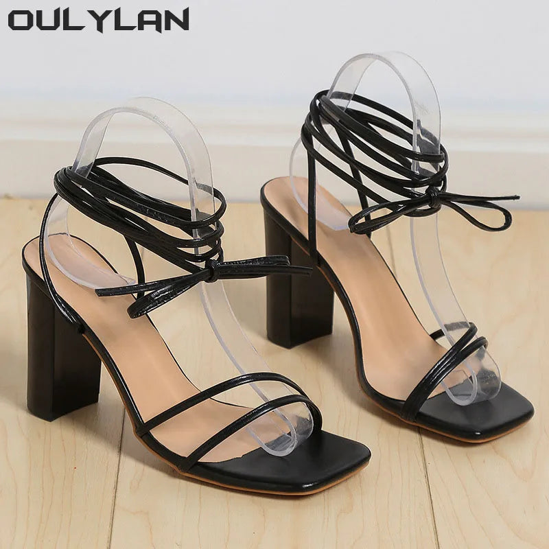 Oulylan 2024 White Black Woman Ankle Strap Sandals Leather Cross-Tied High Heel