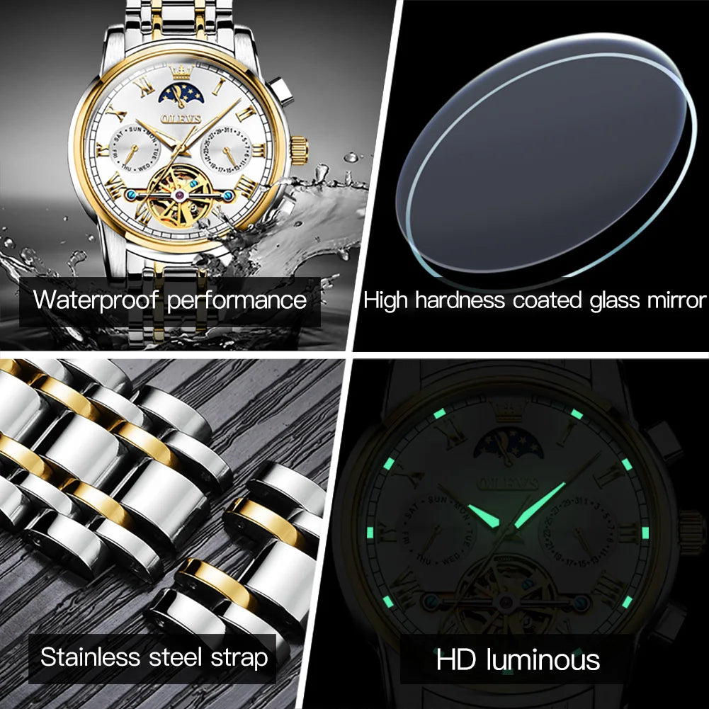 OLEVS  Mechanical Watch for Men Luxury  Wristwatch Waterproof Luminous Moonswatch