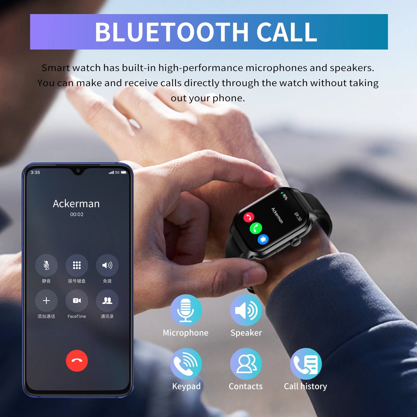 Smart Watch, Bluetooth Call Answer/Dialer, Incoming Call Reminder & Reject, SMS Reminder