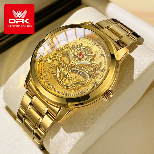 Men's Watches Luxury Gold Waterproof Fashion Stainless Steel Strap Dragon Quartz