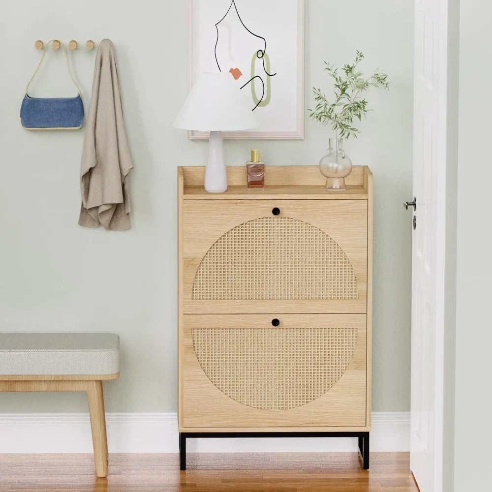 Shoe Cabinet with 2 Handmade Natural Rattan Flip Drawers, Entryway Shoe Rack Storage