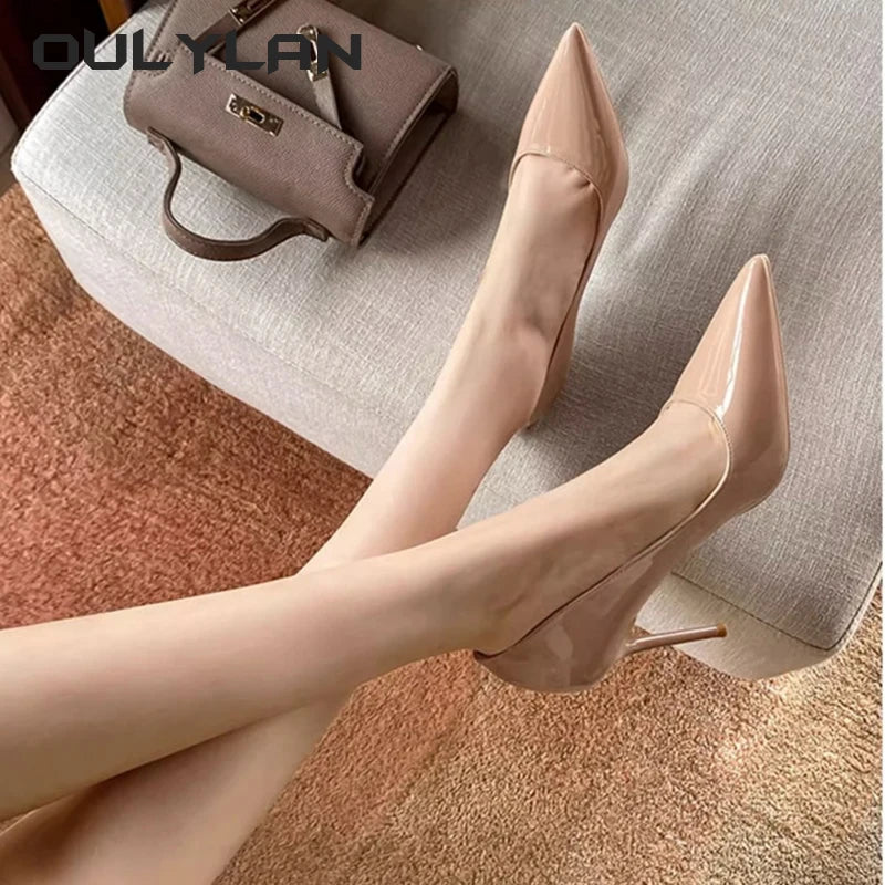 High Heels Sandals Women Autumn Fashion Pointed Toe Slim Heels Black Patent Leather