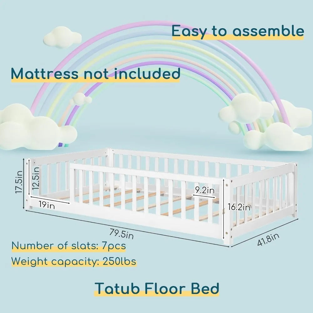 Twin Size Floor Bed for Kids with Safety Guardrails and Door and Slats, Montessori Bed