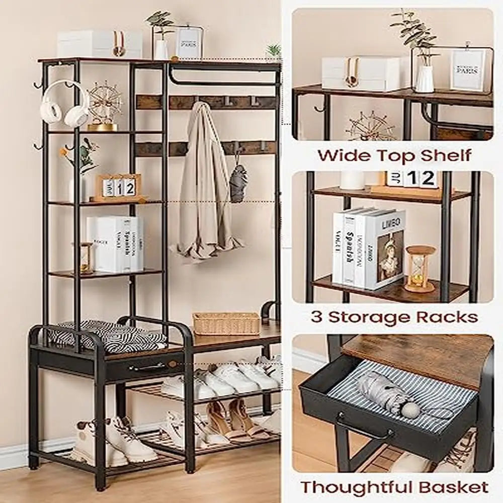 Entryway Hall Tree Coat Rack Shoe Bench Storage with Drawer & Side Shelves 5-in-1