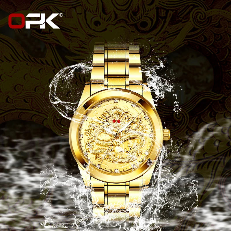 Men's Watches Luxury Gold Waterproof Fashion Stainless Steel Strap Dragon Quartz